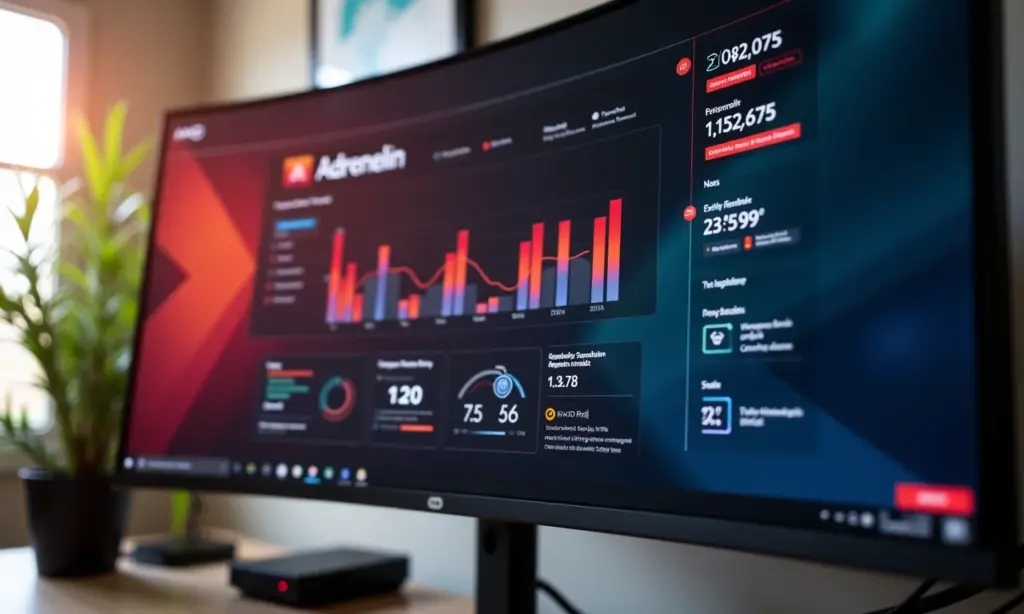 O Poder dos Gráficos Integrados AMD Adrenalin o Que Eles Podem Fazer Interface do software AMD Adrenalin exibida em um monitor de PC moderno.
