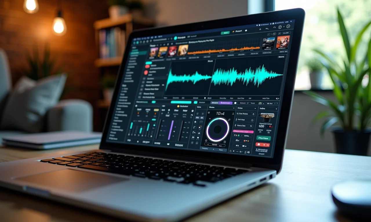 Interface intuitiva de software de DJ exibida em tela de laptop.