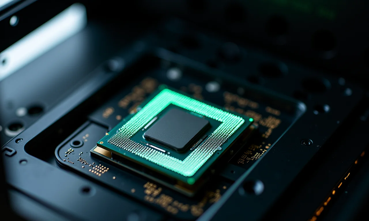 Interior de um computador mostrando um processador multi-core, com um adesivo de skate na carcaça.