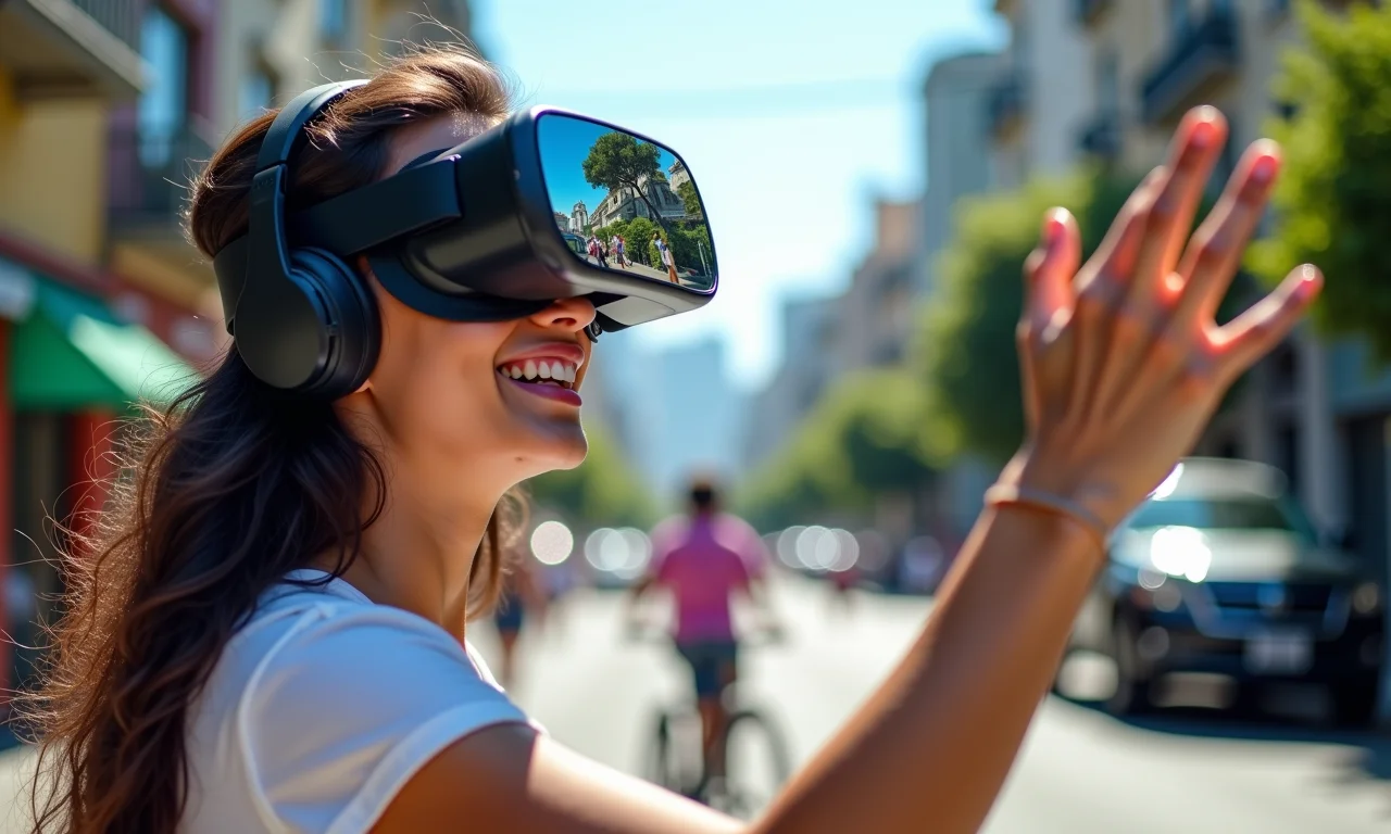Jovem brasileira usando headset de realidade aumentada jogando em rua do Rio de Janeiro.