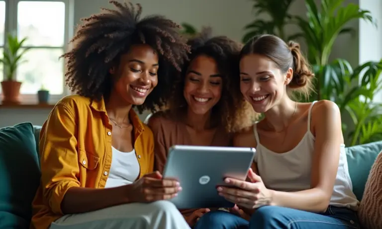 Jovens criando playlist colaborativa no Spotify em apartamento vibrante.