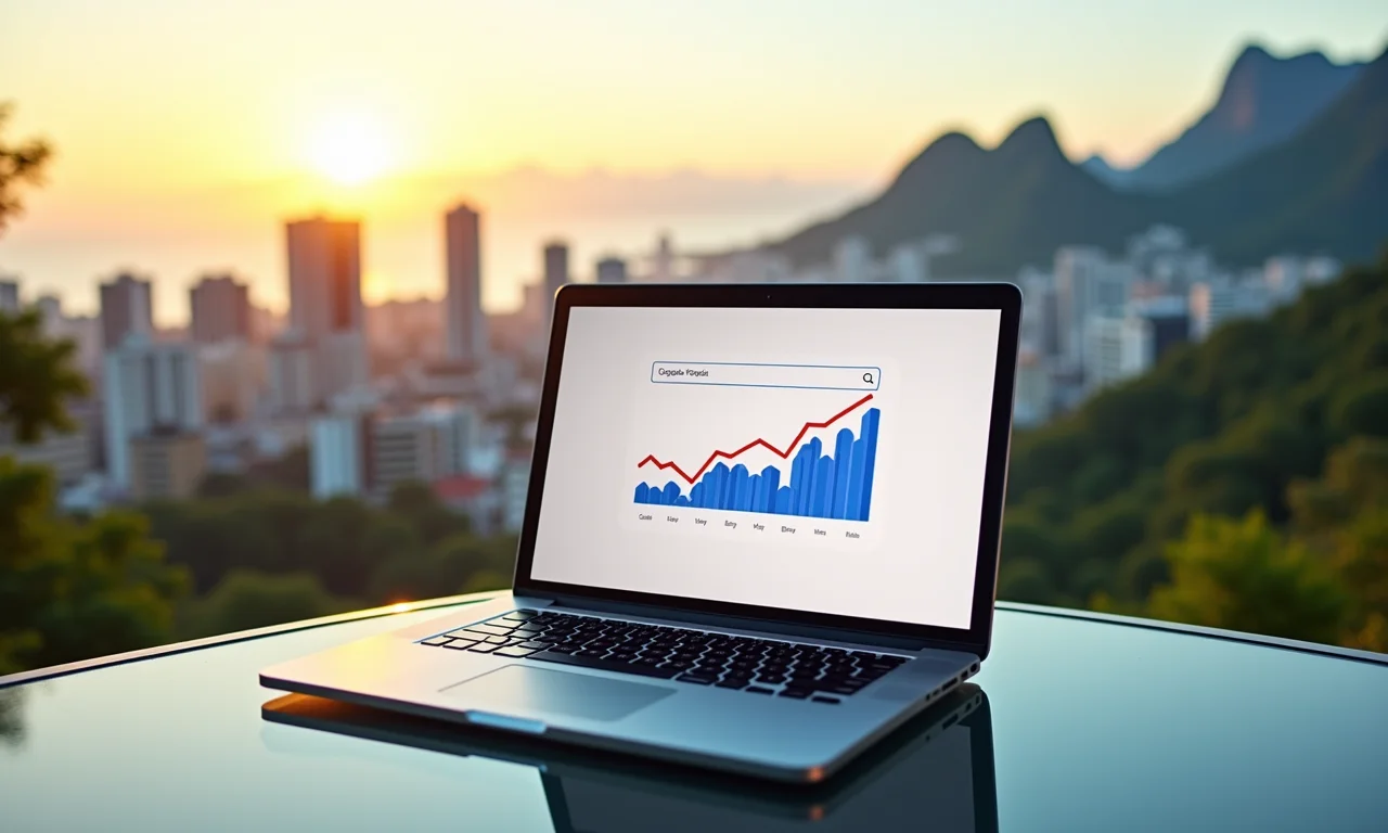 Laptop mostrando melhoria no ranking do Google.