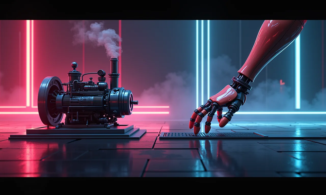 Linha do tempo das revoluções industriais, da máquina a vapor à robótica avançada.