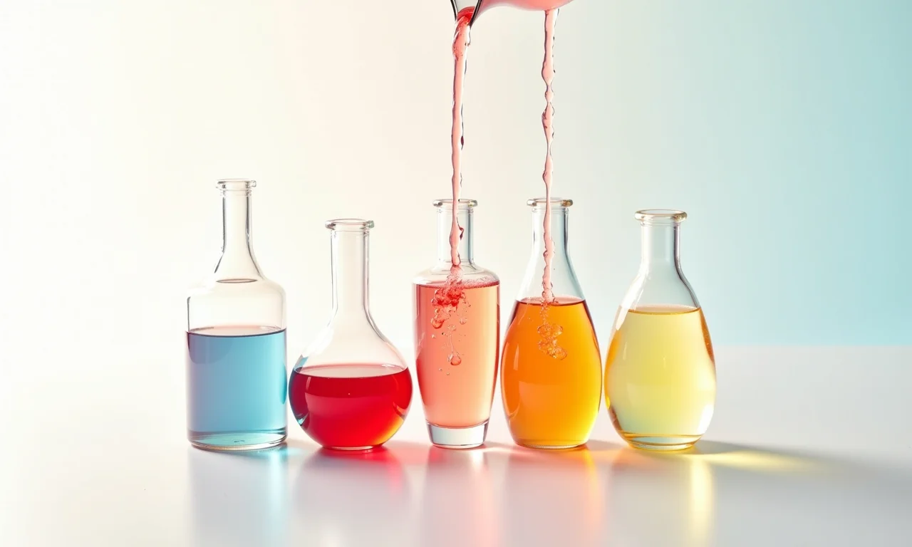 Líquido colorido sendo despejado em recipientes de diferentes formas, representando polimorfismo e herança.