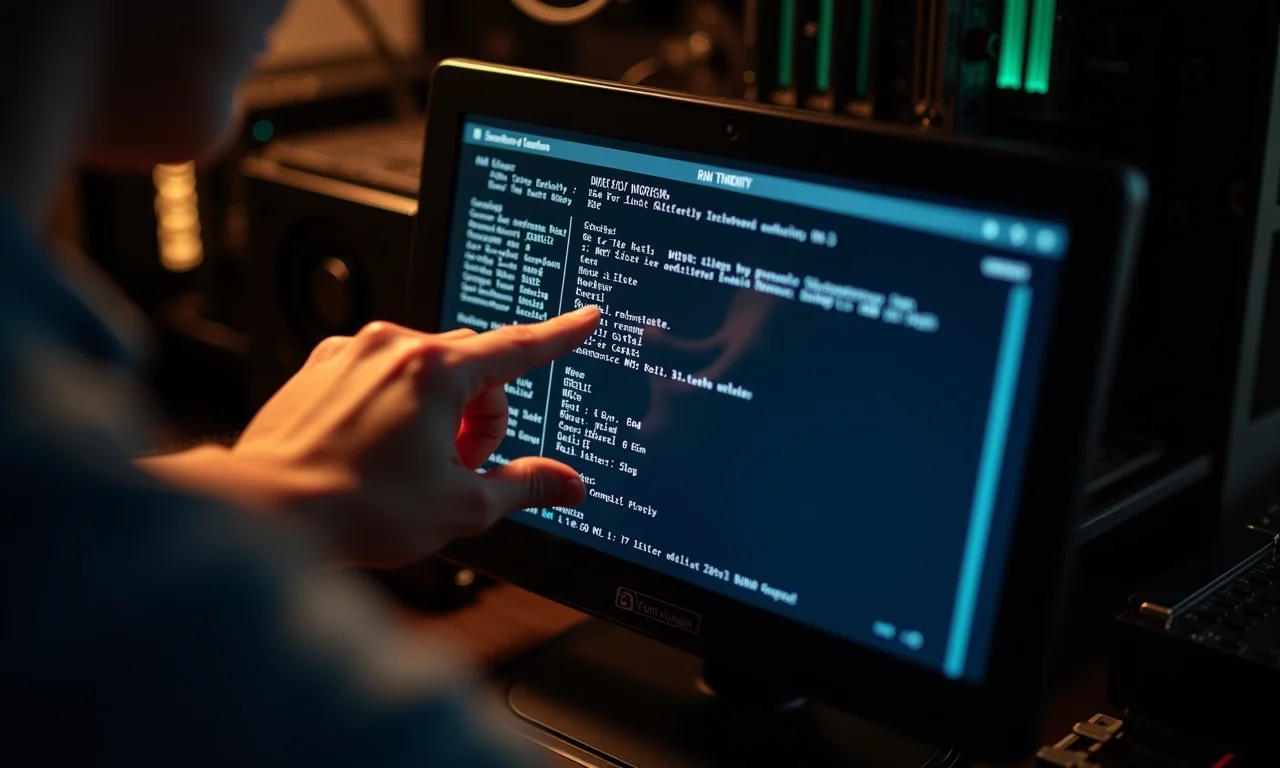 Mão ajustando as configurações de timing da RAM na tela da BIOS.