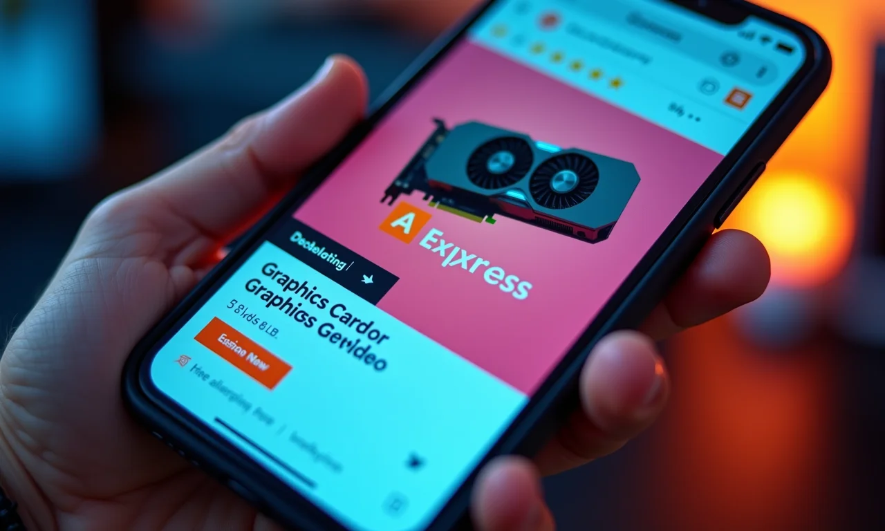 Mão apontando para polegar para cima em anúncio de placa de vídeo chinesa no AliExpress.