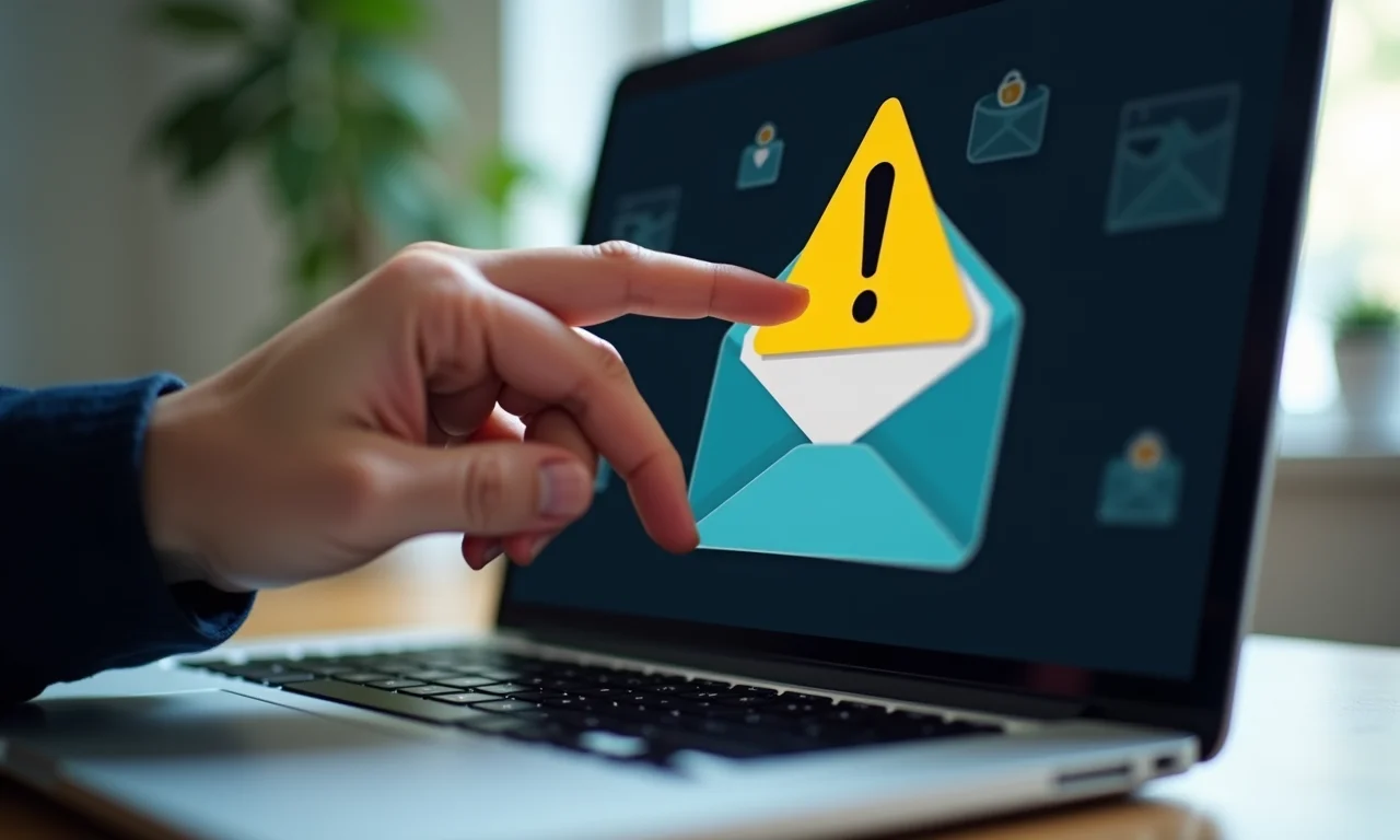 Mão pairando sobre um e-mail suspeito em uma tela de laptop.