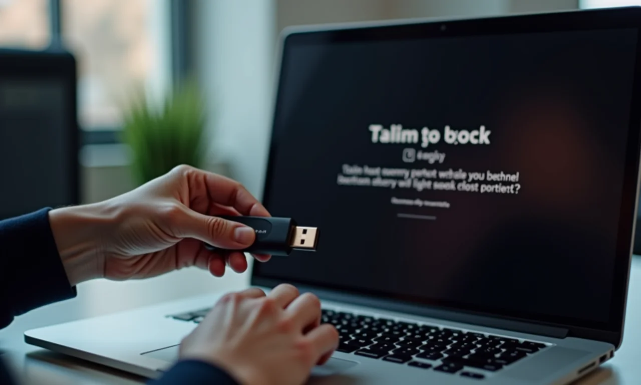 Mão removendo pendrive sem ejetar, com aviso na tela do computador.