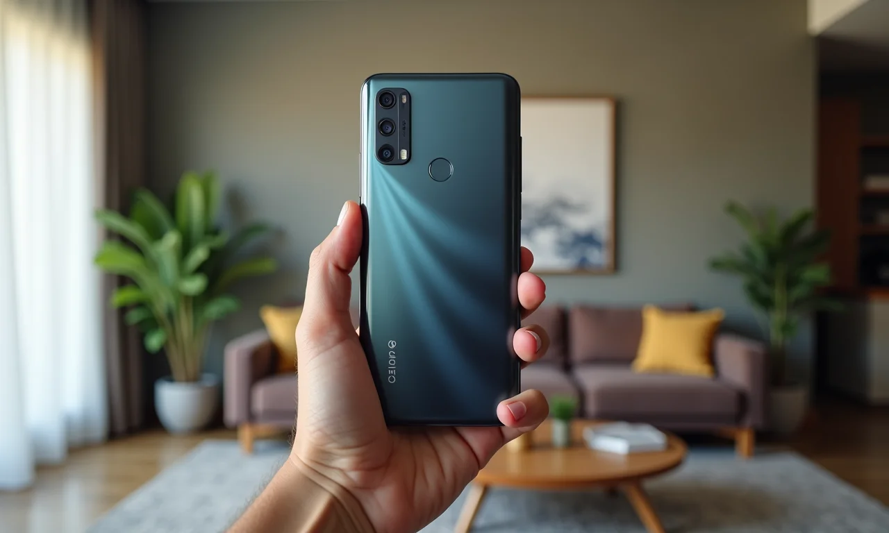 Mão segurando um smartphone LG com design elegante.