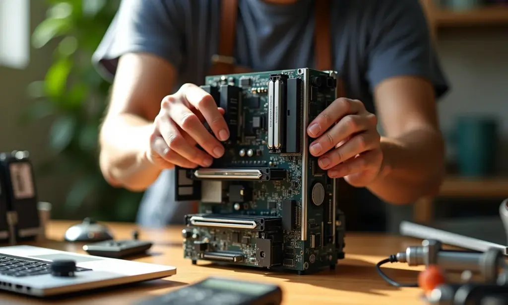 Mãos criando arte com peças de computador recicladas.