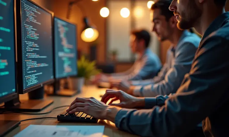 Mãos de artesão de software codificando com precisão em um ambiente de trabalho colaborativo.