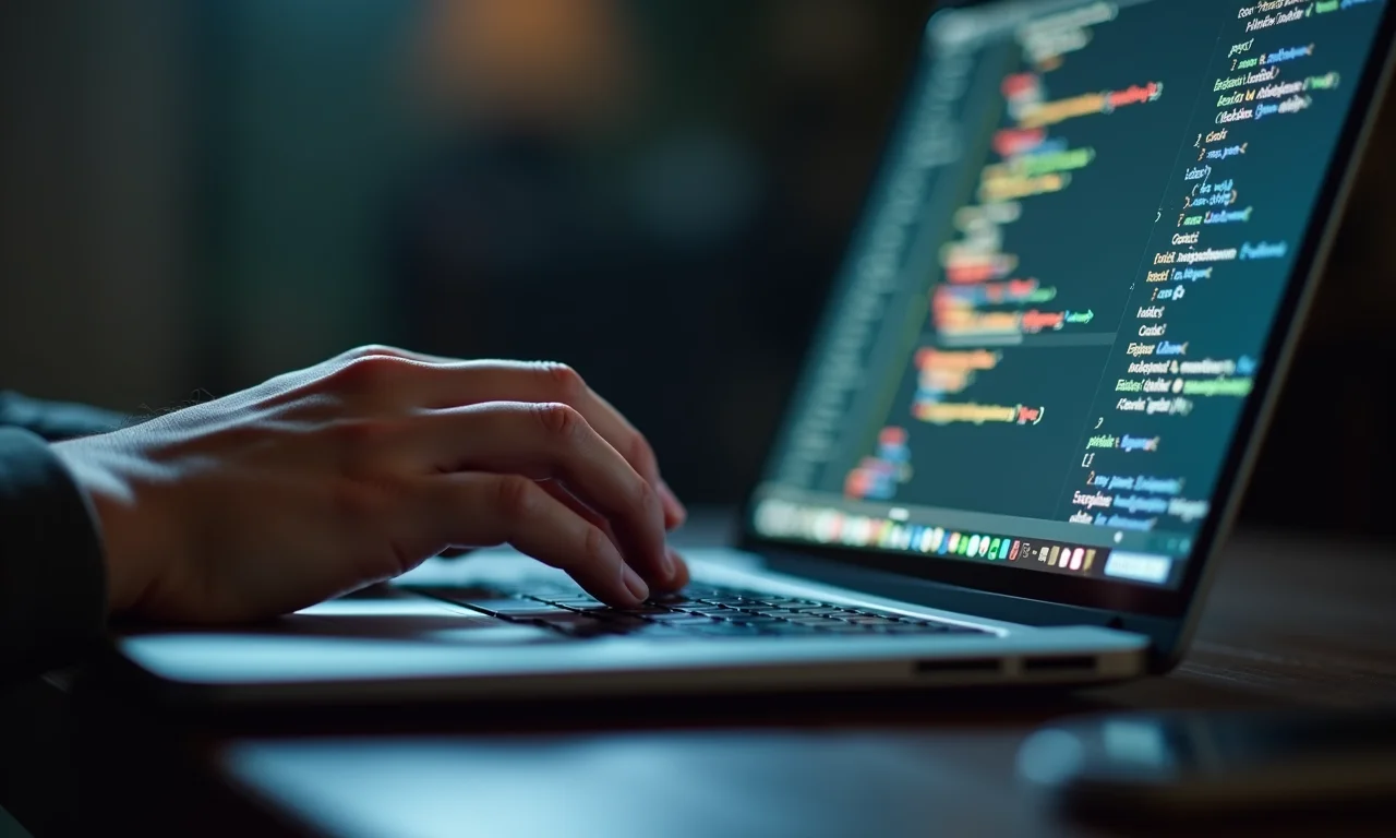 Mãos digitando código em um laptop, exemplificando a implementação da herança na prática.