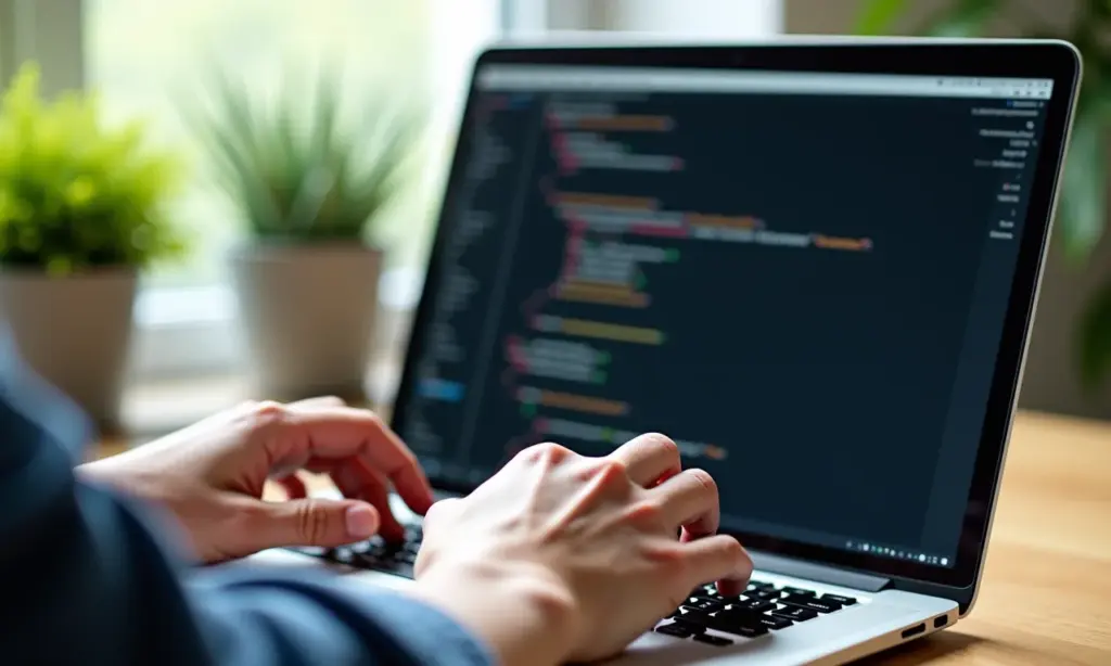 Como Escrever Código Limpo Dicas Práticas do Clean Code Mãos digitando código limpo em laptop com ambiente de trabalho organizado e iluminado.