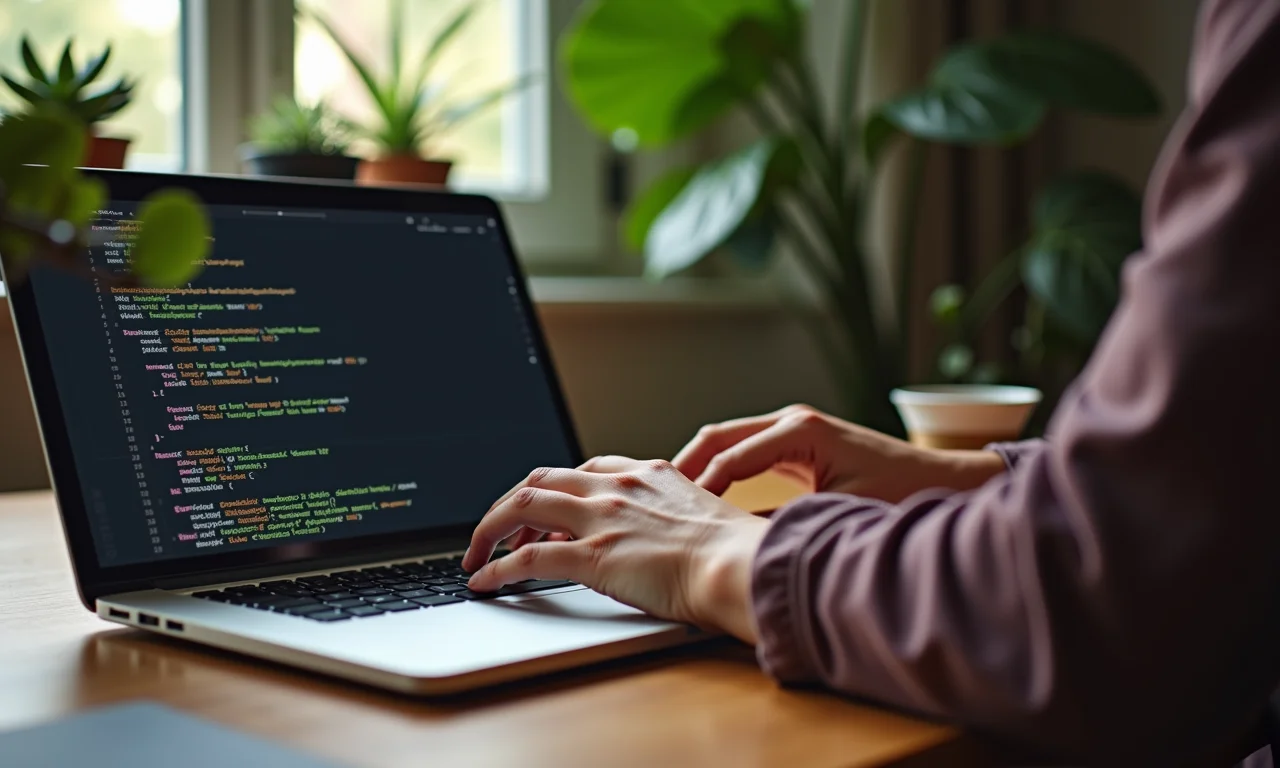 Mãos digitando código Python com Scikit-learn em escritório doméstico aconchegante.