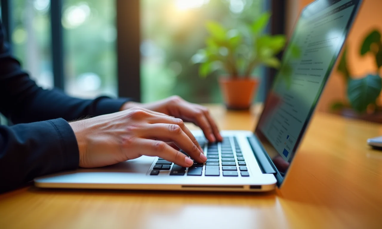 Mãos digitando em laptop para navegação na internet e uso de office, em ambiente de trabalho vibrante.