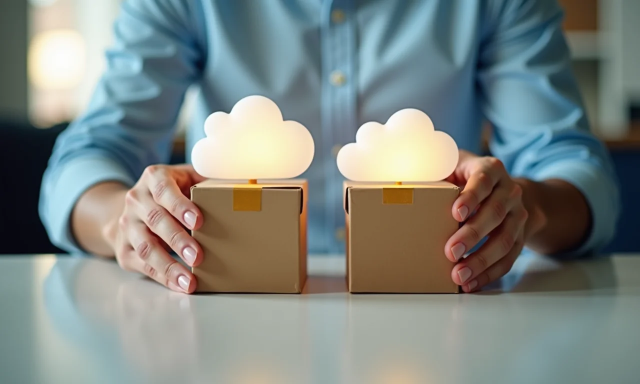 Mãos escolhendo entre uma caixa fechada e outra aberta, simbolizando a escolha de um serviço de armazenamento em nuvem.