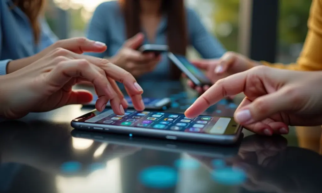 Mãos interagindo com a interface Android em diversos smartphones.