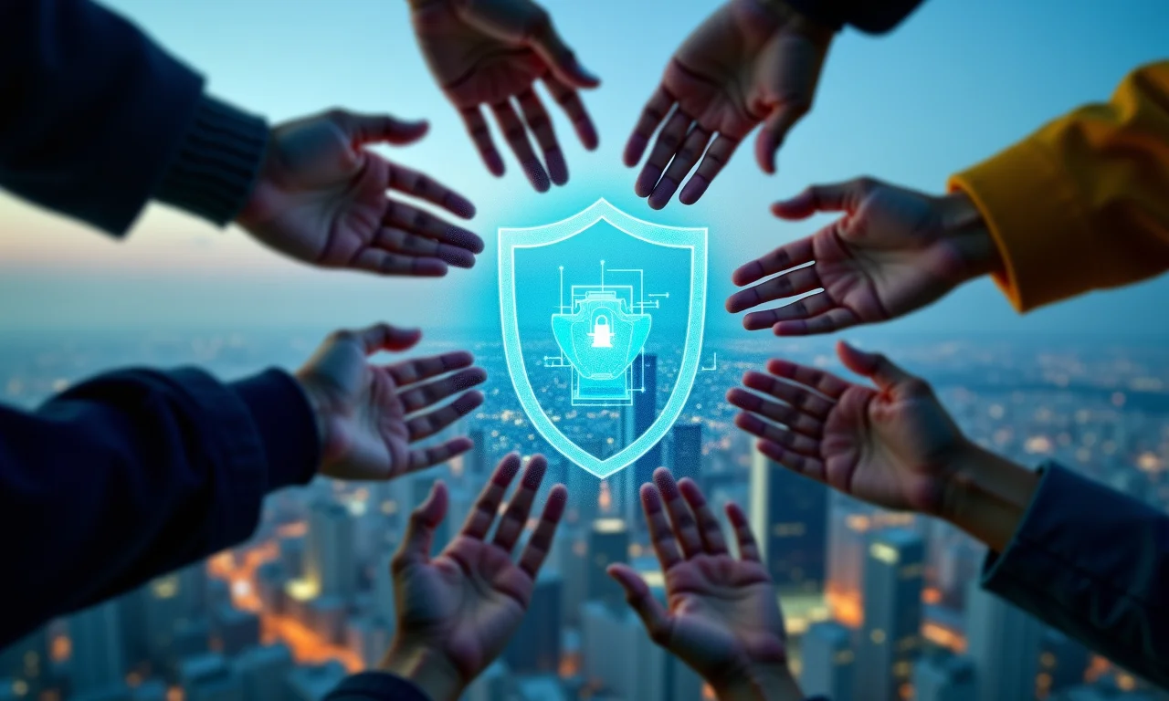 Mãos protegendo a cidade de ameaças cibernéticas.