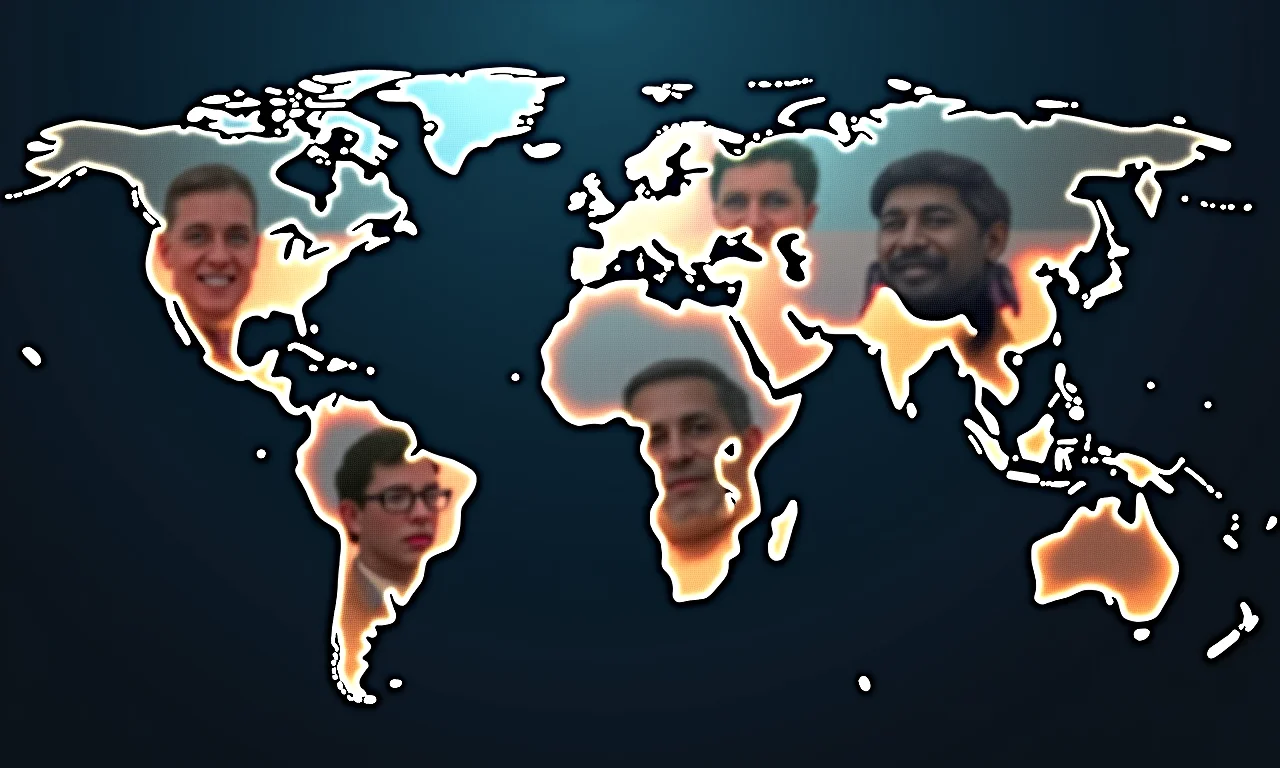 Mapa mundial com figuras políticas distorcidas, impacto dos deepfakes na política.