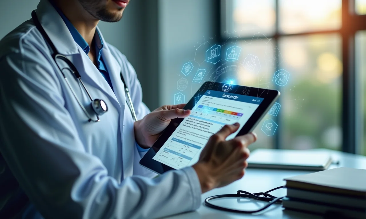 Médico analisando prontuário eletrônico com foco em segurança de dados.