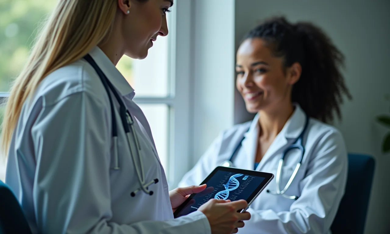 Médico examinando DNA em tablet para medicina personalizada.