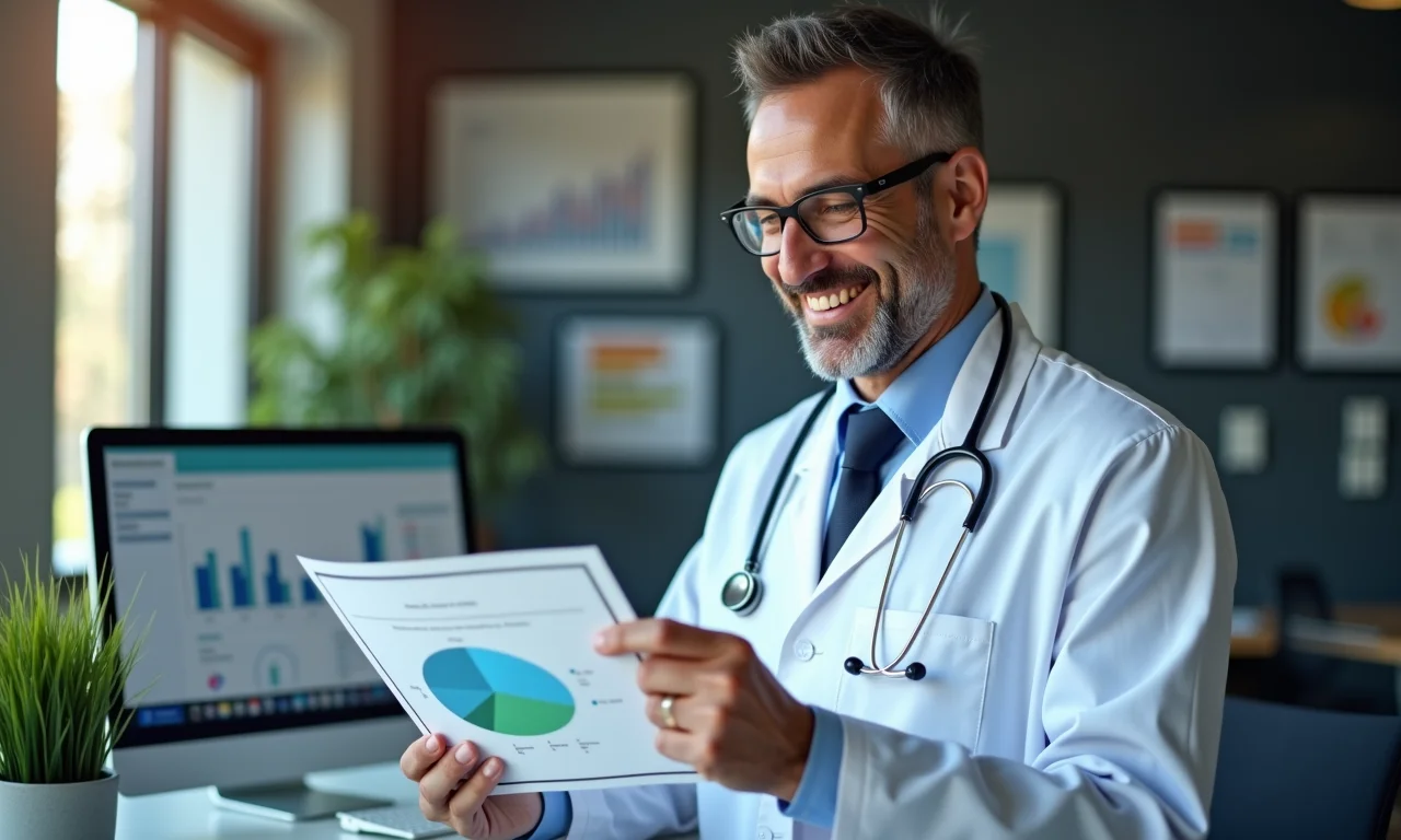Médico sorrindo ao analisar gráficos de redução de custos com prontuário eletrônico.