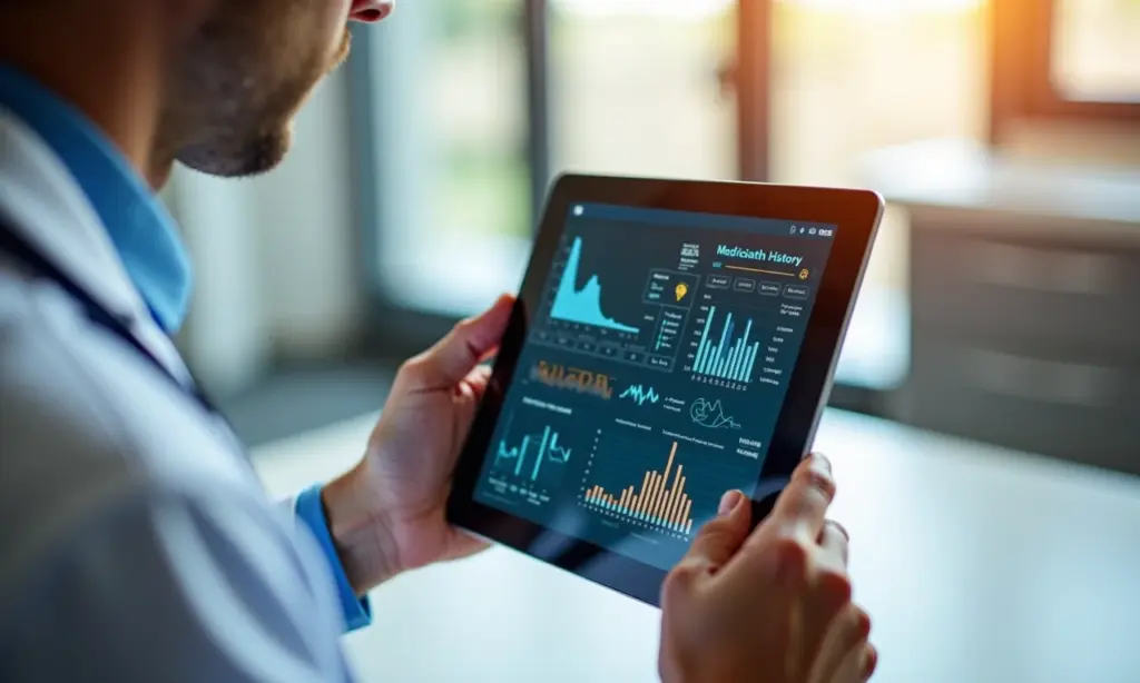 Médico utilizando tablet para acessar prontuário eletrônico de paciente.