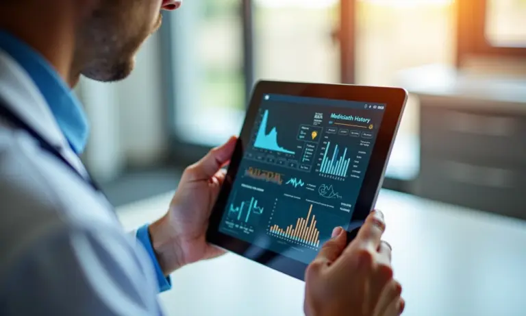 Médico utilizando tablet para acessar prontuário eletrônico de paciente.