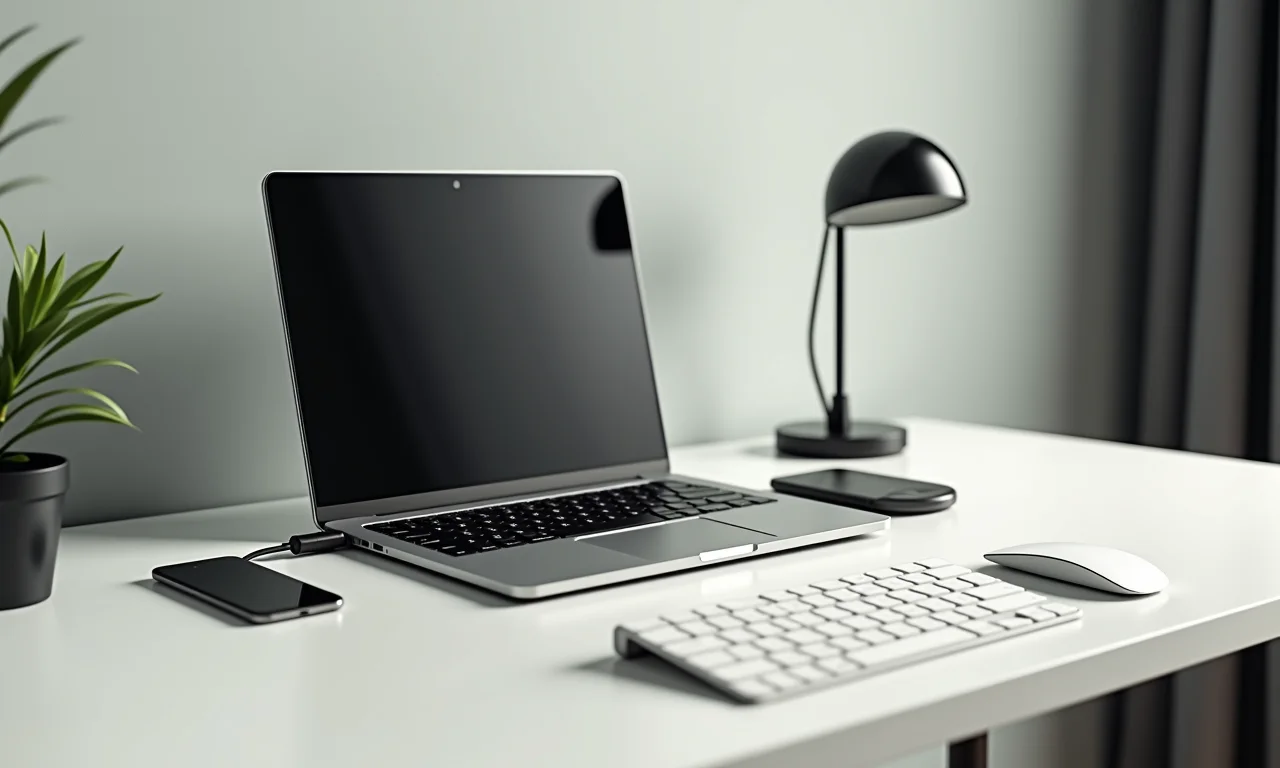 Mesa de trabalho minimalista com notebook e docking station, promovendo organização e limpeza.