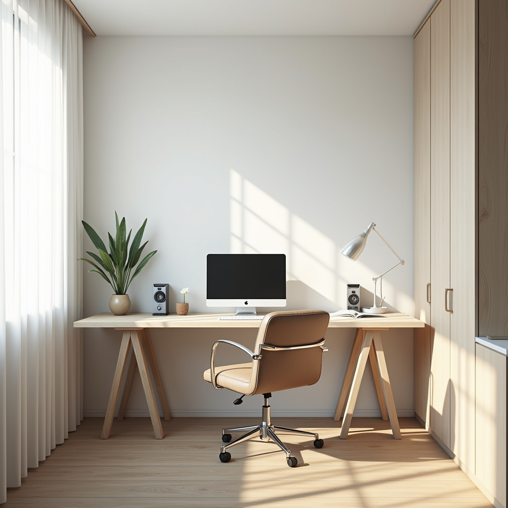 Home office minimalista com cores neutras.