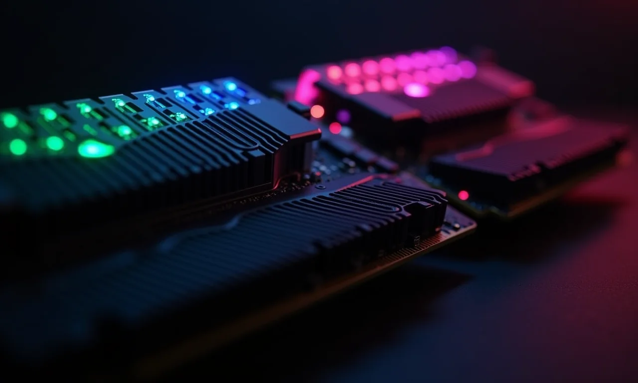 Módulos de memória RAM de alta velocidade com dissipadores de calor e iluminação RGB.
