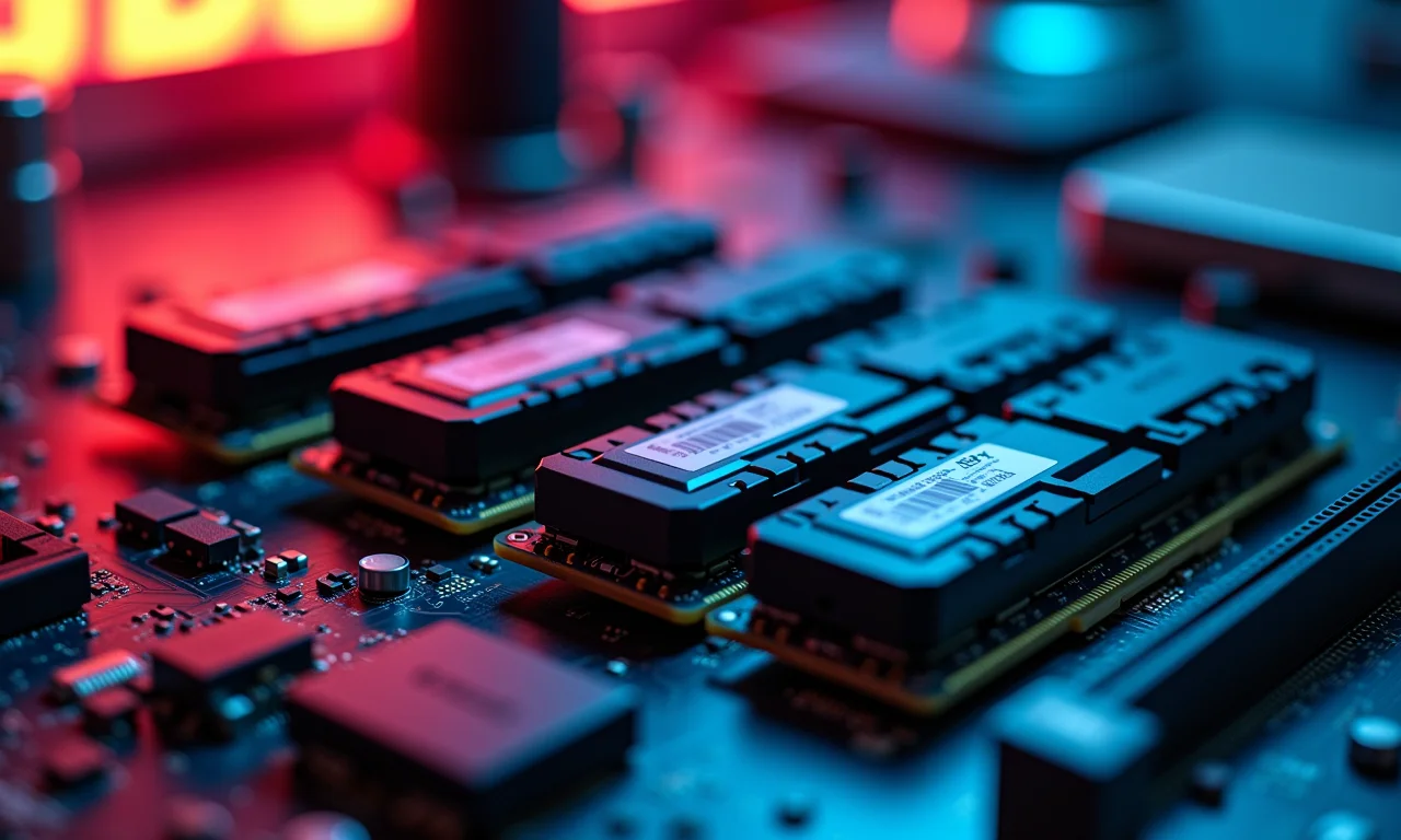 Módulos de memória RAM de alta velocidade instalados em uma placa-mãe moderna com iluminação RGB.