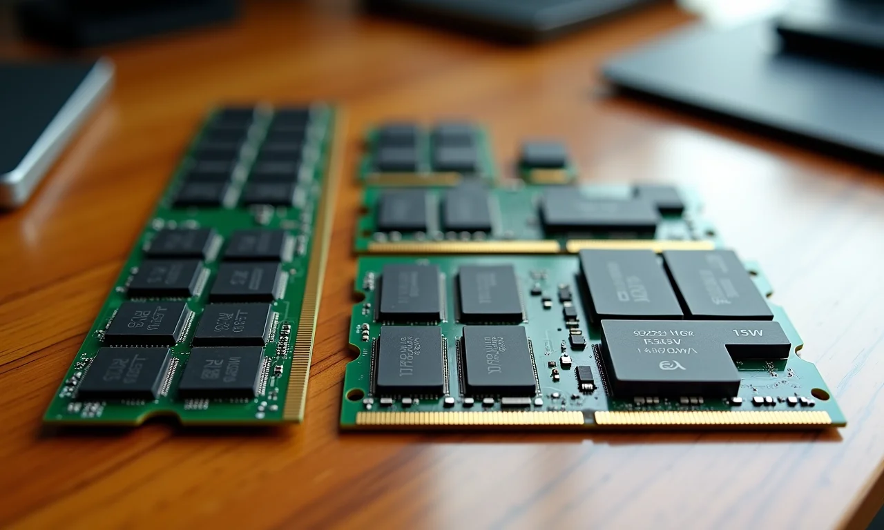 Módulos de memória RAM de diferentes tamanhos e velocidades, organizados em uma mesa.
