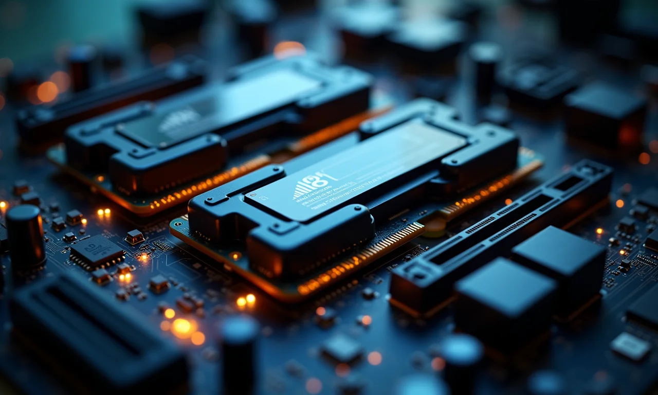 Módulos de memória RAM instalados em uma placa-mãe, essenciais para suportar o processamento de vídeo.