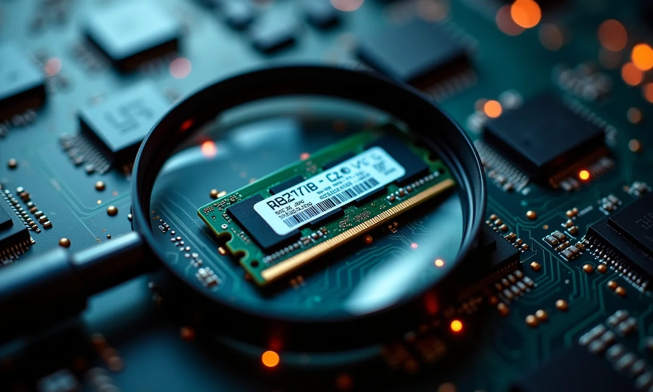 Módulos de RAM sob uma lupa, destacando as especificações de velocidade.