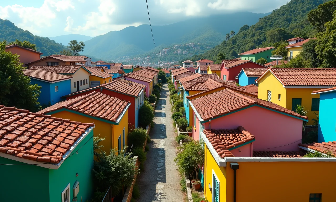 Módulos Nuxt.js visualizados como blocos de construção formando uma favela brasileira organizada.