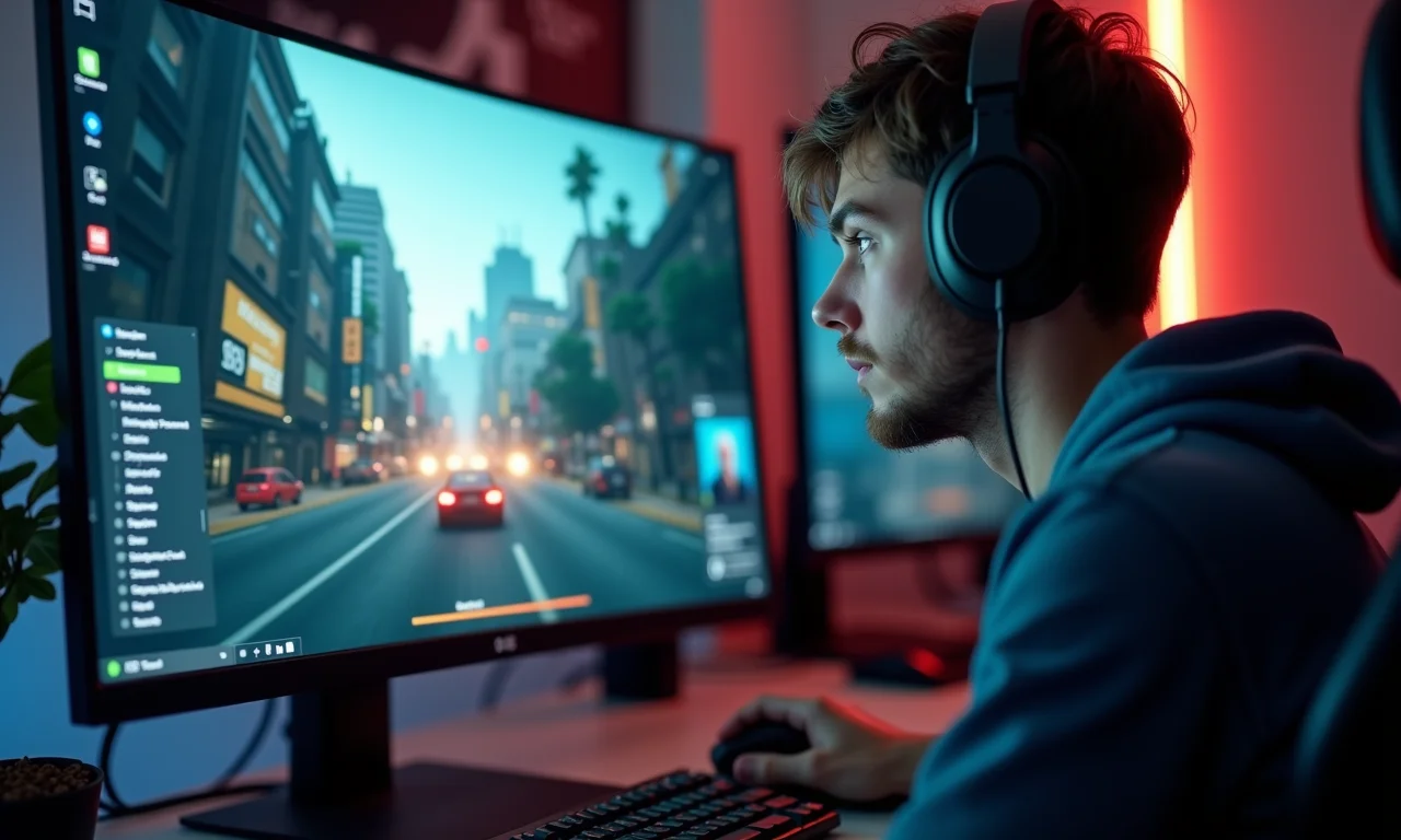 Monitor mostrando gameplay fluido em alta taxa de quadros (FPS) com software de streaming.