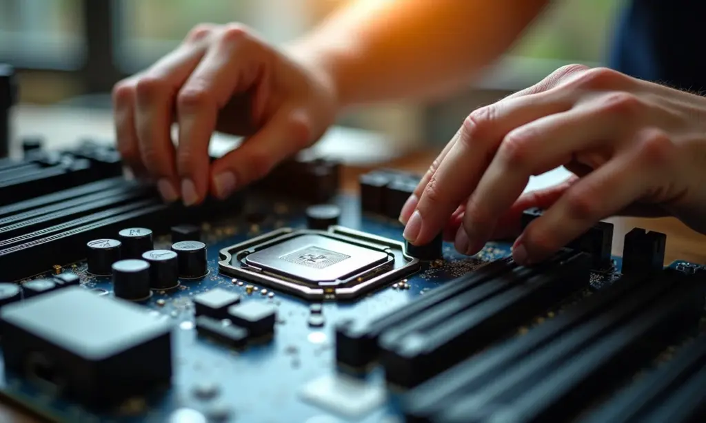 Montagem de computador com foco na placa-mãe, representando a compatibilidade de peças.