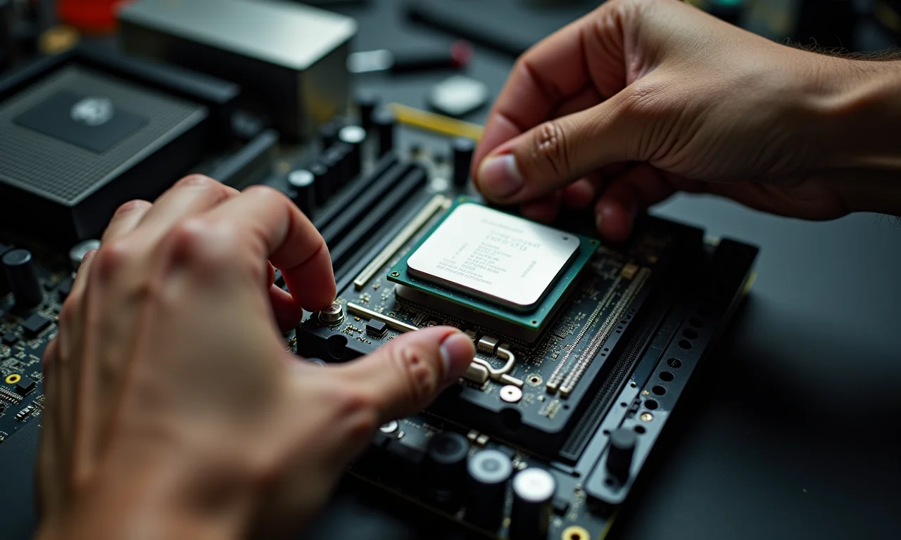 Montagem de PC com CPU AMD Athlon em oficina com estilo brasileiro.