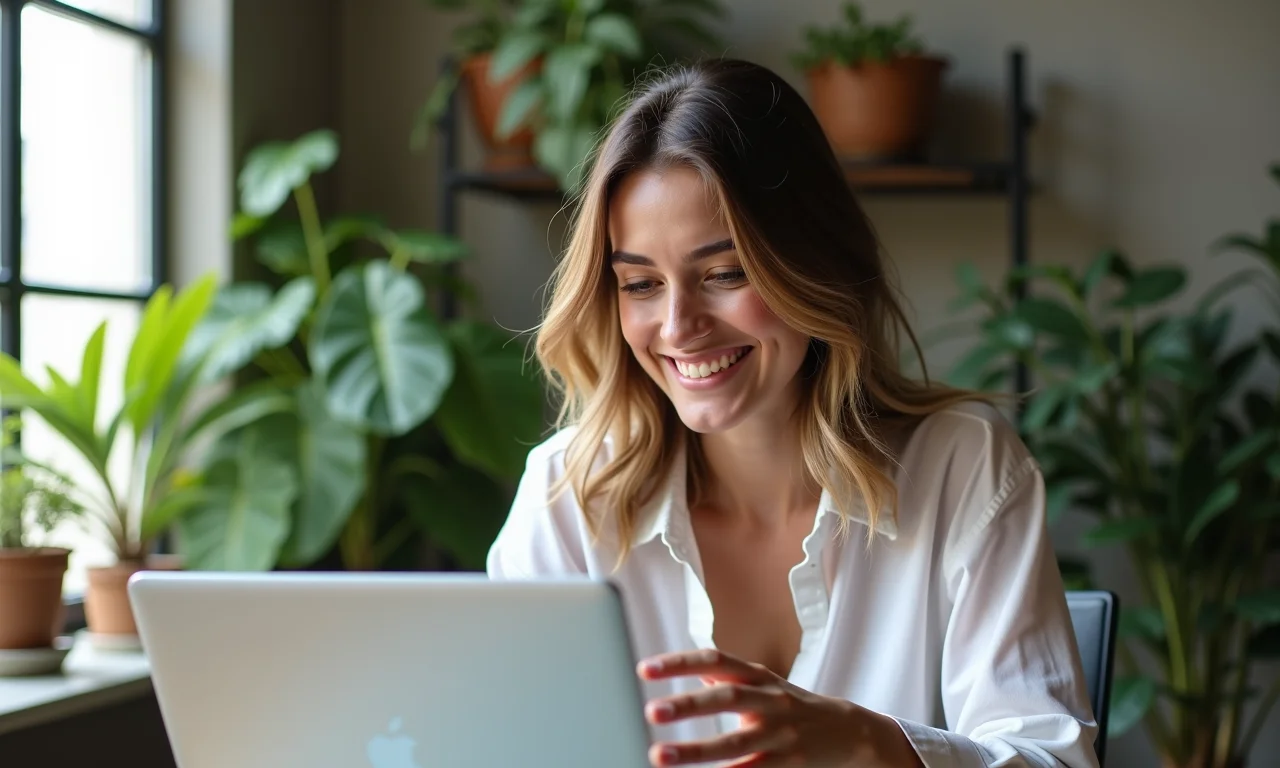 Mulher ajustando configurações de privacidade em um laptop em apartamento vibrante, representando a maior privacidade do FLoC.