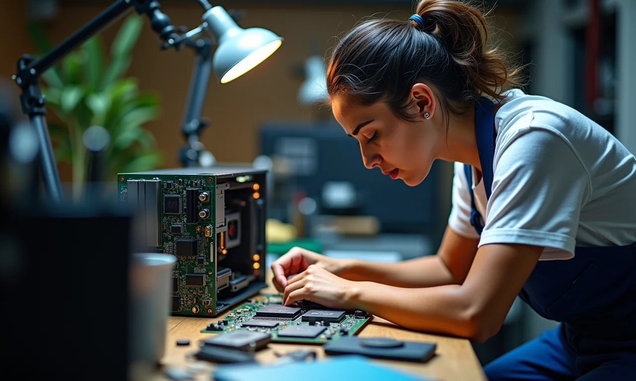 Mulher analisando componentes de computador em oficina iluminada.