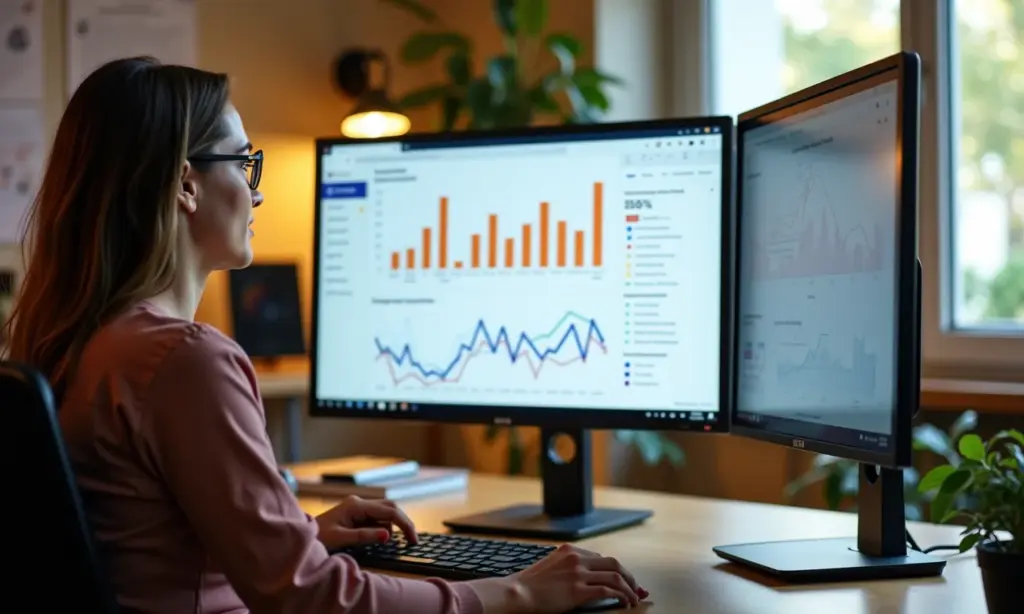 Mulher analisando dados do Google Analytics em escritório vibrante.