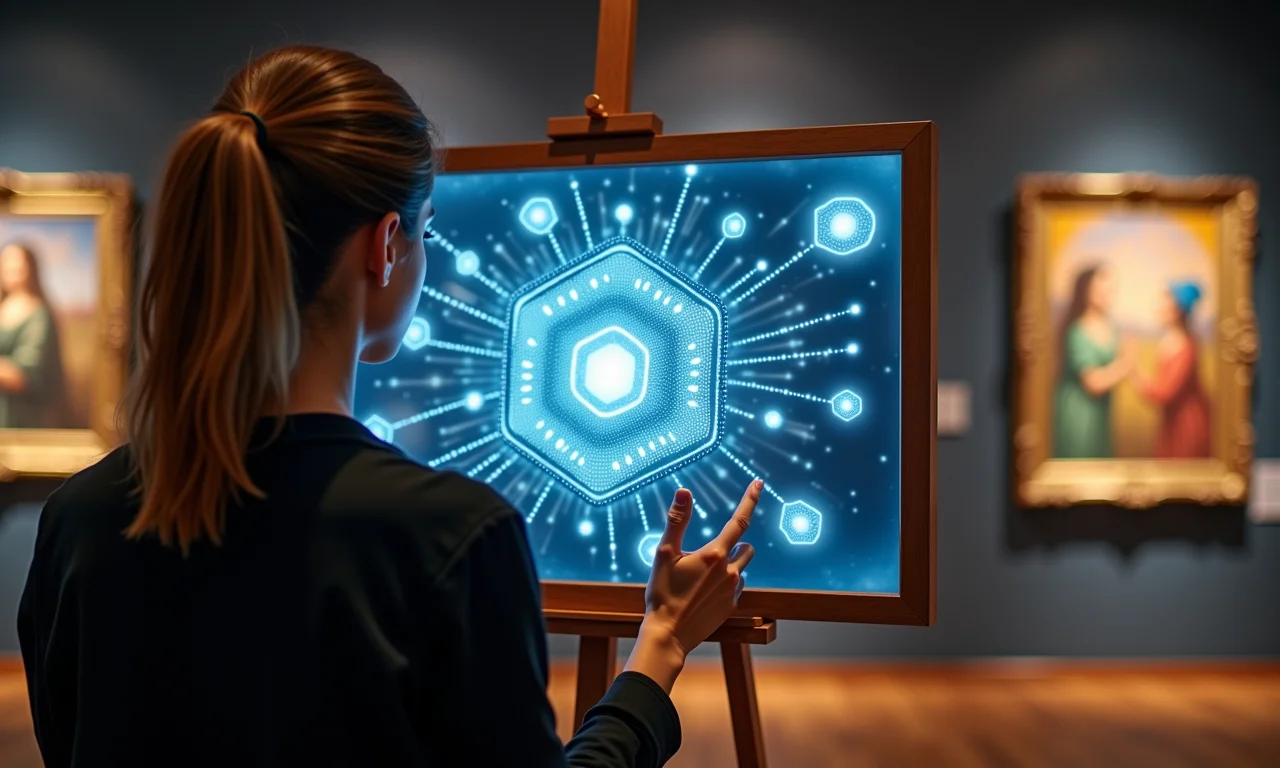 Mulher analisando obra de arte tokenizada em galeria.