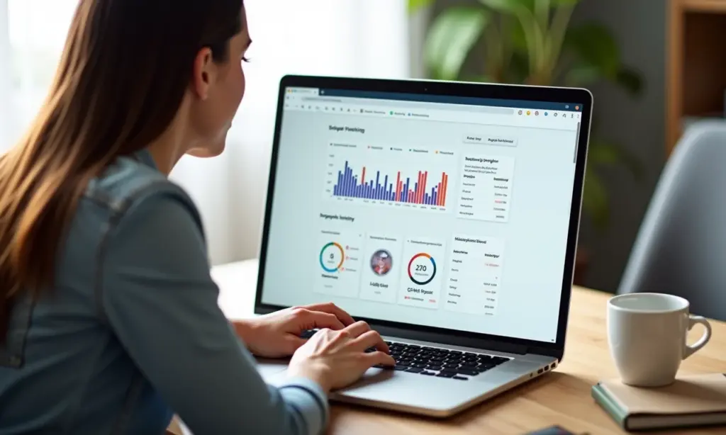 Mulher analisando relatório do Google PageSpeed Insights em um laptop.