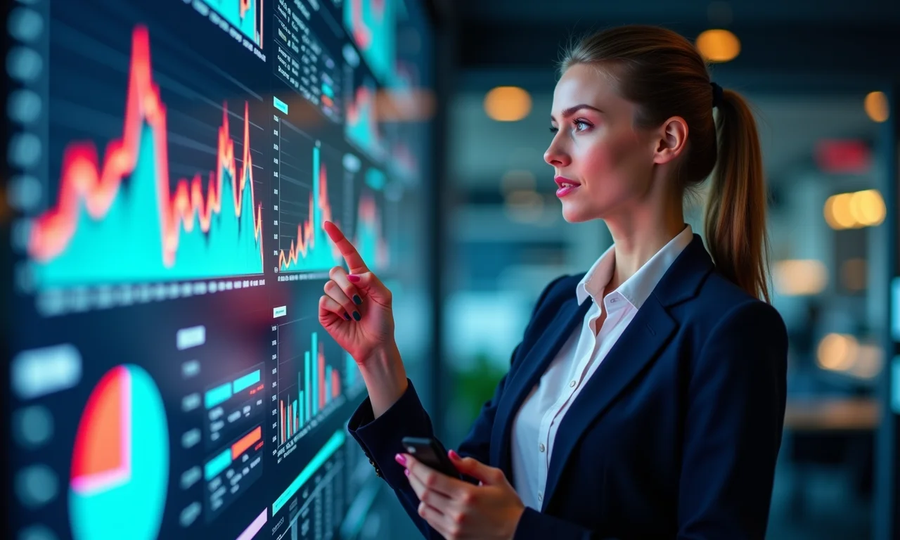 Mulher apresentando previsões de tendências de mercado usando ciência de dados.