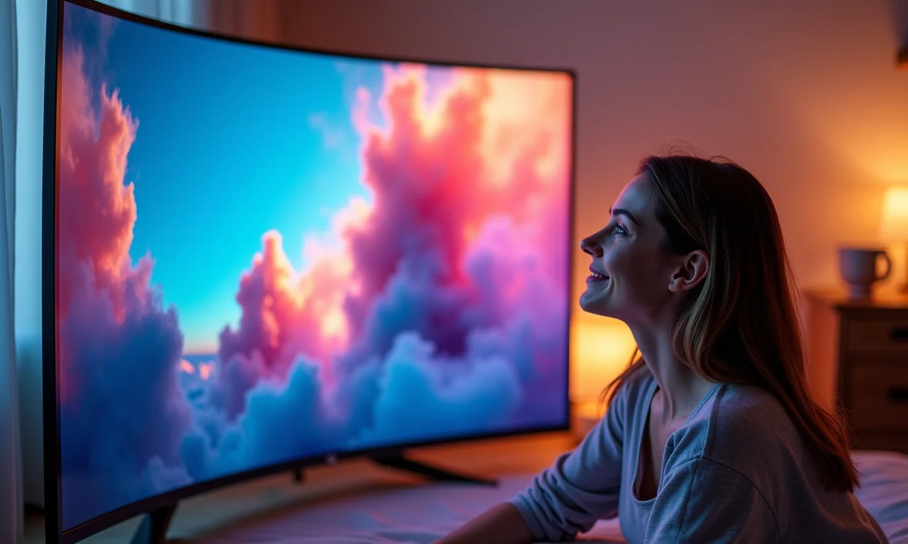 Mulher aproveitando tela OLED flexível com cores vibrantes.