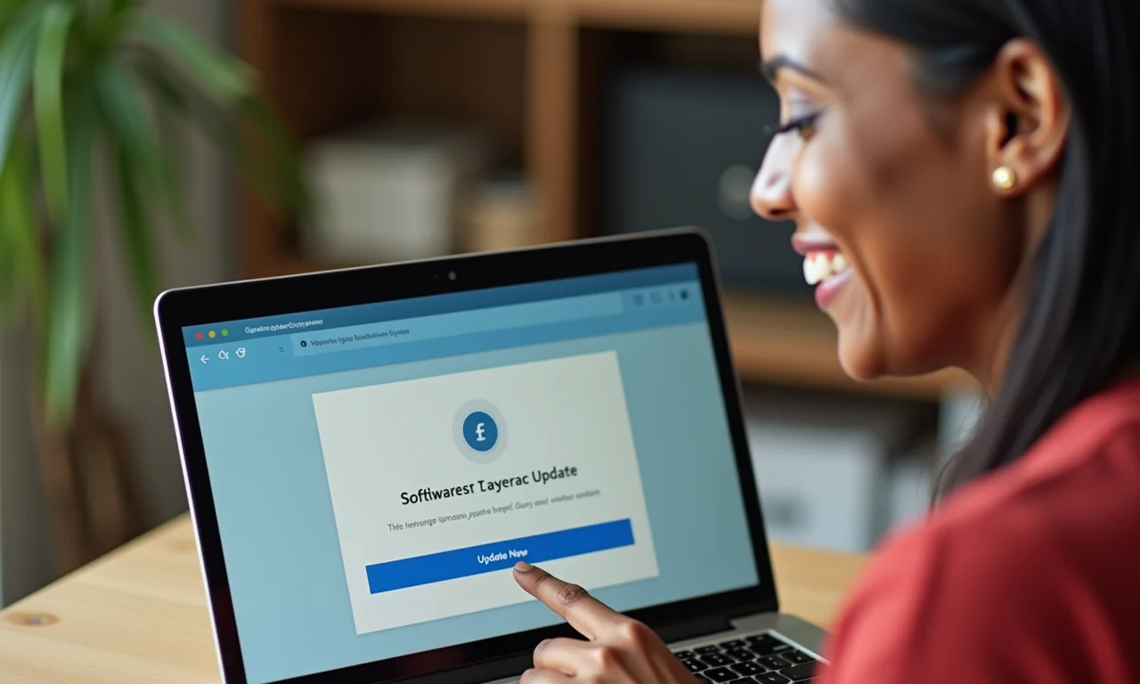 Mulher brasileira atualizando o software do laptop, demonstrando a importância das atualizações de segurança.