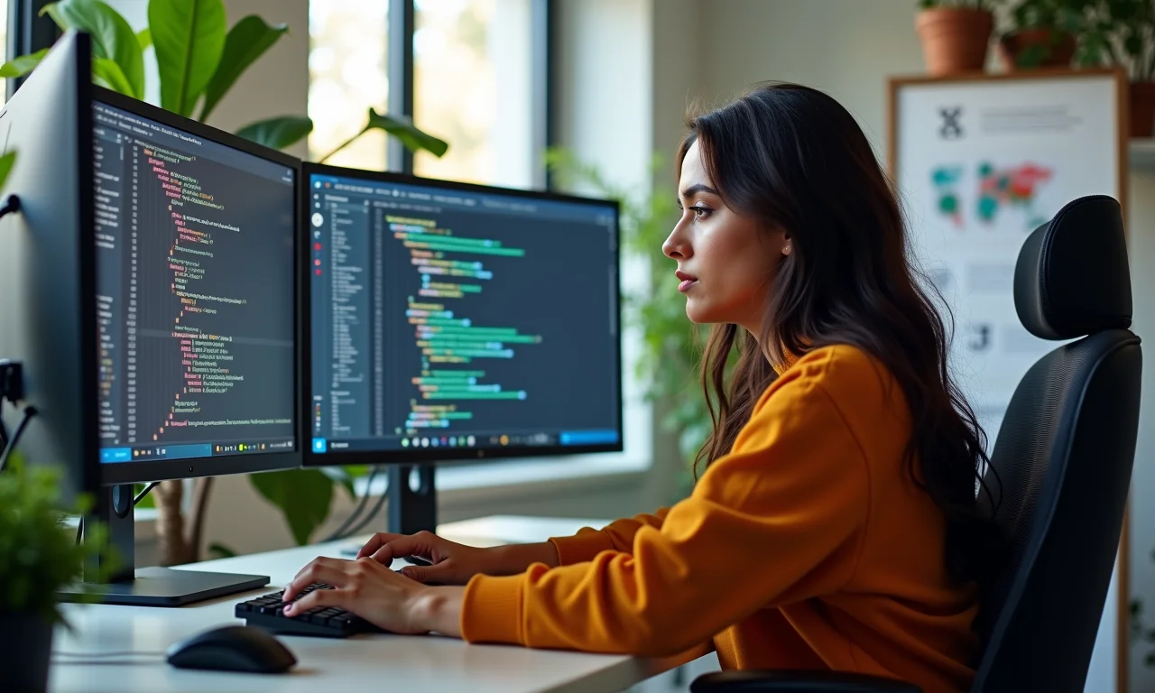 Mulher brasileira programando interface JavaScript em espaço de coworking moderno e iluminado.
