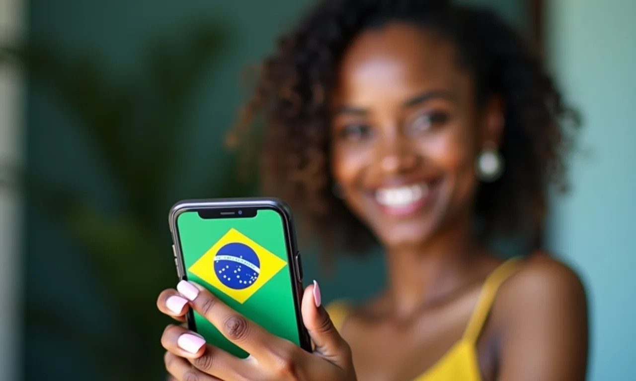 Mulher brasileira segura smartphone com app de passaporte digital seguro.