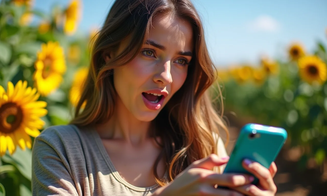 Mulher chocada vendo notícias falsas sobre si em um celular, deepfakes e desinformação.